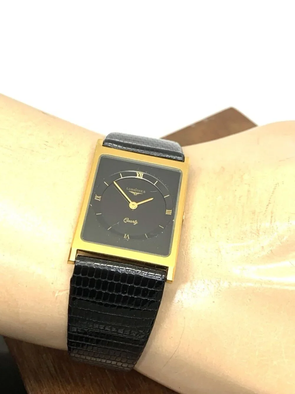 Longines Men's Watch Vintage Swiss Quartz Black Dial Gold Tone Case Tank Leather